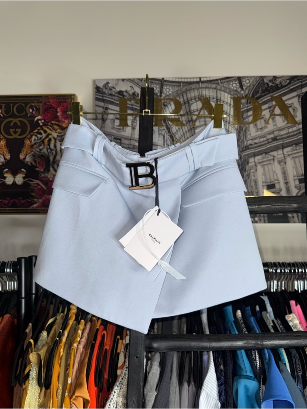 Balmain Wrap Mini Skirt Light Blue Wool Belted Women US6 FR38 Logo Designer Chic - Picture 5 of 16
